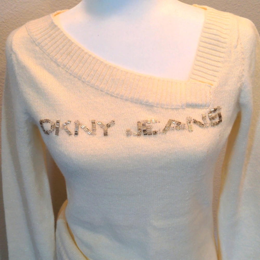 DKNY Jeans Ivory Knit Beaded Sweater